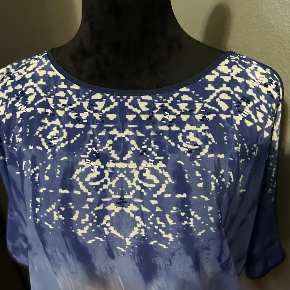 A. Byer Blouse Medium Blue‎ Ombre Beaded Dolman Top Boho Batwing Festival